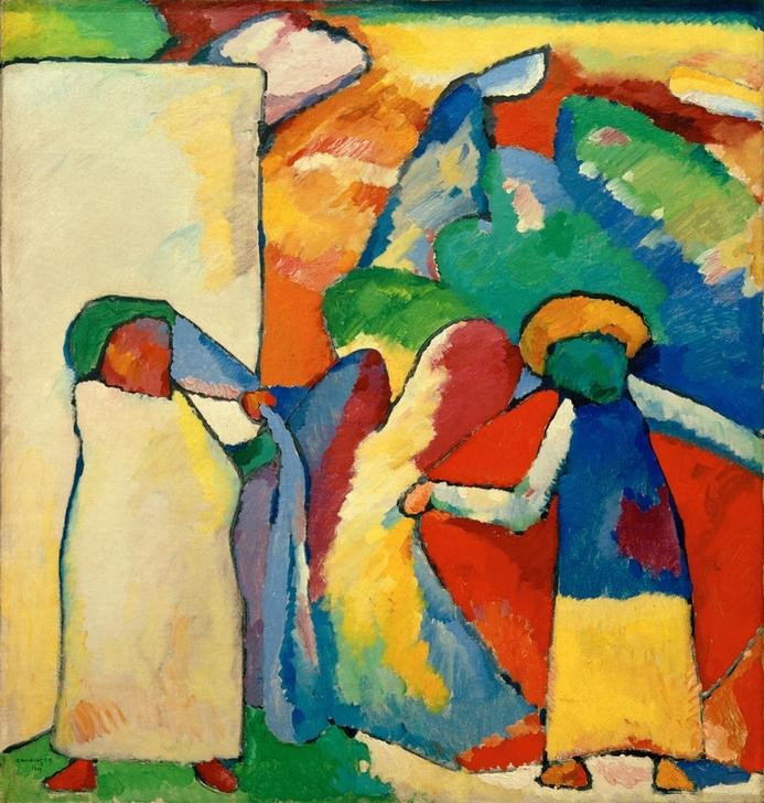 Wassily Kandinsky, Improvisation 6 (Afrikanisches) (Kunst,Mensch,Strassenszene,Völkerkunde,Expressionismus,Der Blaue Reiter,Russische Kunst,Abstraktion,Neue Kuenstlervereinigung Muenchen,Improvisation,Farbigkeit,Land Und Leute,Signatur,Farbe)