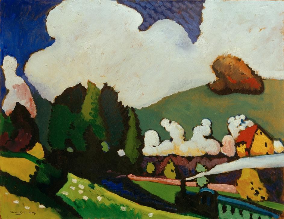 Wassily Kandinsky, Landschaft bei Murnau mit Lokomotive (Eisenbahn,Kunst,Landschaft,Lokomotive,Verkehr,Wolke,Expressionismus,Der Blaue Reiter,Russische Kunst,Neue Kuenstlervereinigung Muenchen,Signatur)