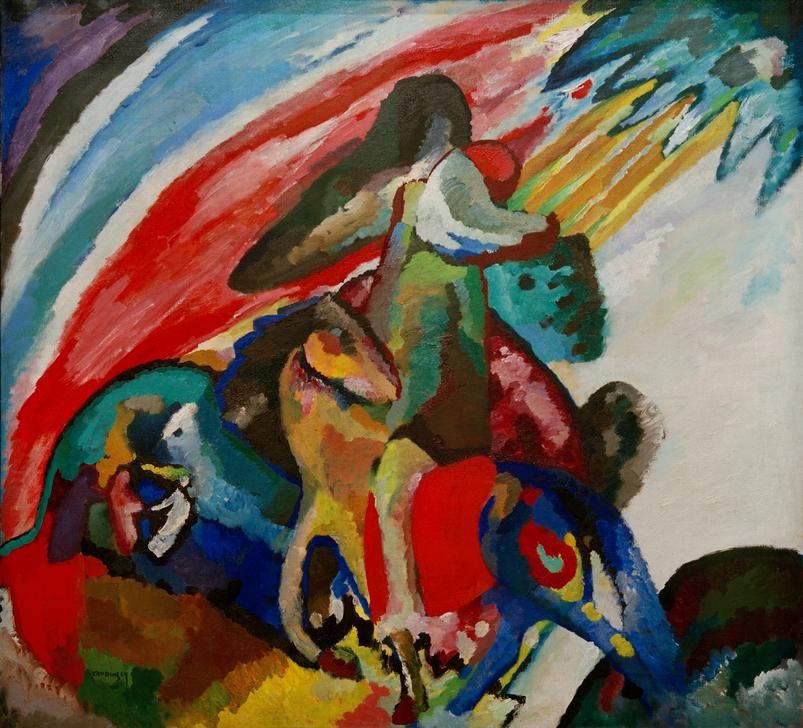 Wassily Kandinsky, Improvisation 12 (Der Reiter) (Kunst,Mensch,Pferd (Tier),Freizeit,Reiter,Expressionismus,Reise,Der Blaue Reiter,Russische Kunst,Tier,Reiten,Abstraktion,Neue Kuenstlervereinigung Muenchen,Improvisation,Farbigkeit,Signatur,Farbe)