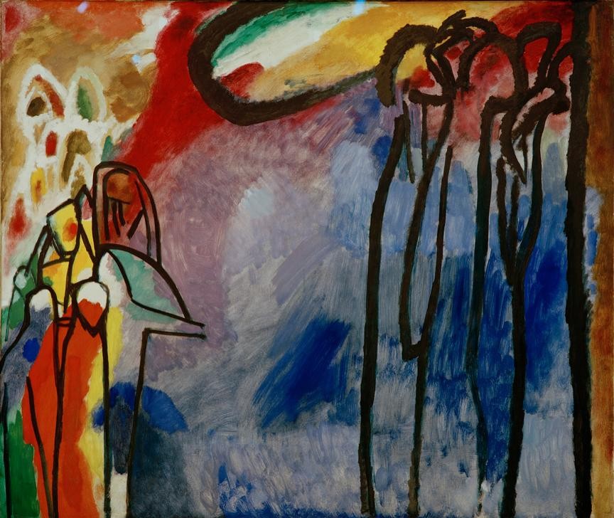 Wassily Kandinsky, Improvisation 19 (Kunst,Mensch,Religion,Einweihung,Expressionismus,Der Blaue Reiter,Abstrakte Kunst,Russische Kunst,Erleuchtung,Ritual,Abstraktion,Esoterik,Neue Kuenstlervereinigung Muenchen,Isokephalie,Silhouette (Umriss),Improvisation,Farbigkeit,Symbolik,Farbe)