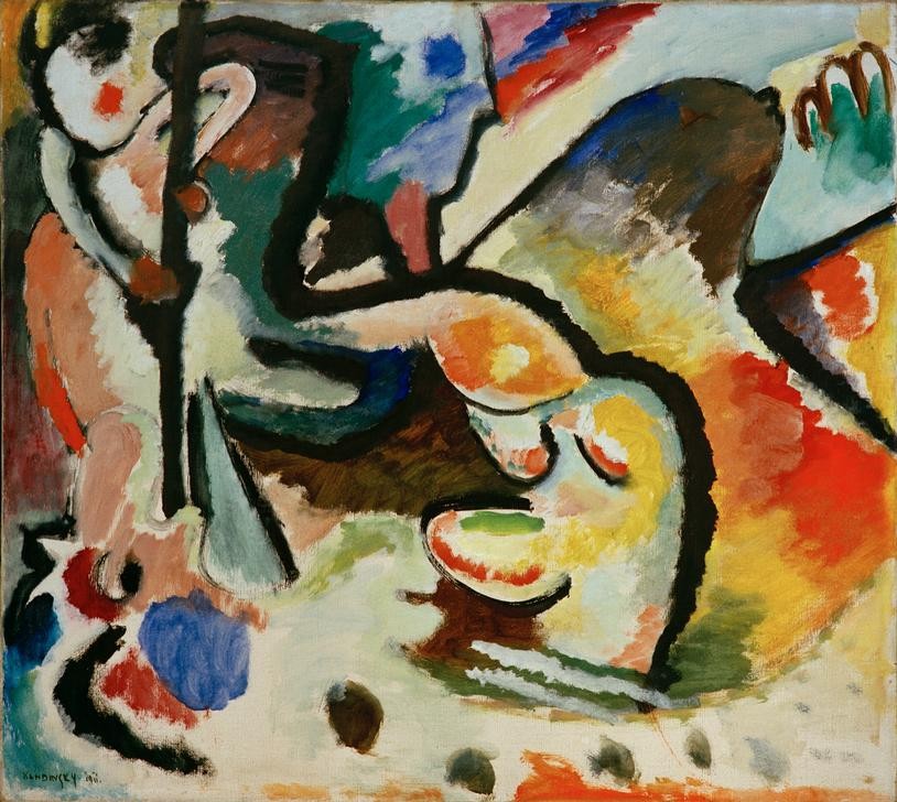 Wassily Kandinsky, St. Georg III (Christentum,Heilige,Kunst,Religion,Fabelwesen,Kampf Zwischen Mensch Und Tier,Expressionismus,Lanze,Der Blaue Reiter,Abstrakte Kunst,Russische Kunst,Heiliger,Abstraktion,Neue Kuenstlervereinigung Muenchen,Drache (Fabelwesen),Farbigkeit,Signatur,Farbe)