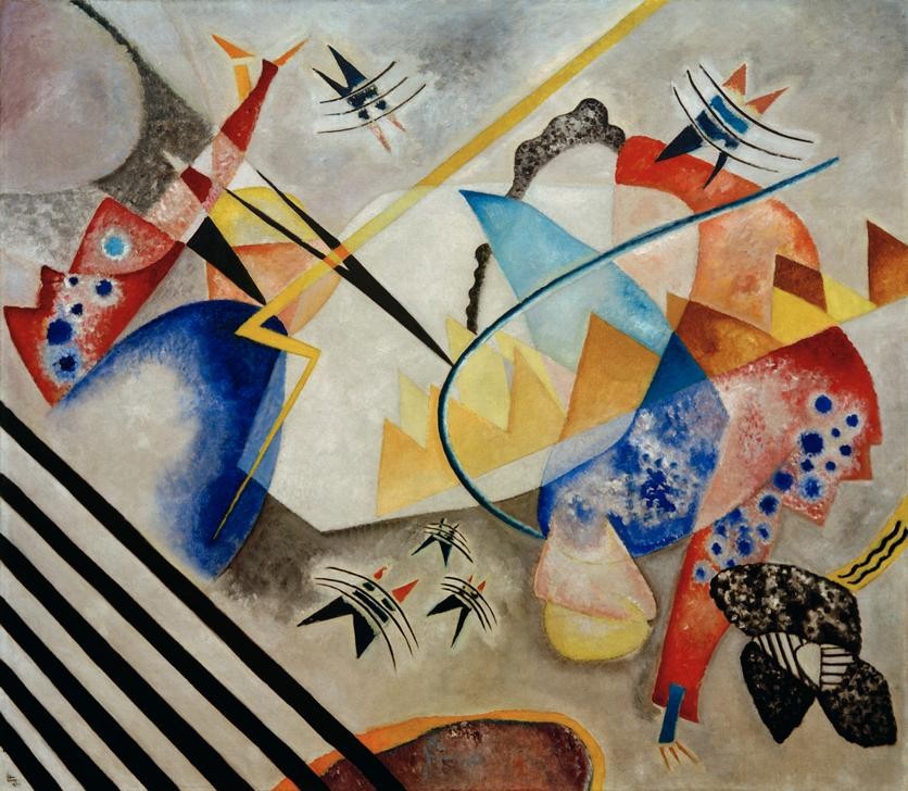 Wassily Kandinsky, Weißes Zentrum (Wunschgröße, Klassische Moderne, Malerei, abstrakte Kunst,  abstrakte Formen, abstrakte Muster, Linien,  Streifen, Wohnzimmer, Büro, Arztpraxis, Wunschgröße,  bunt)