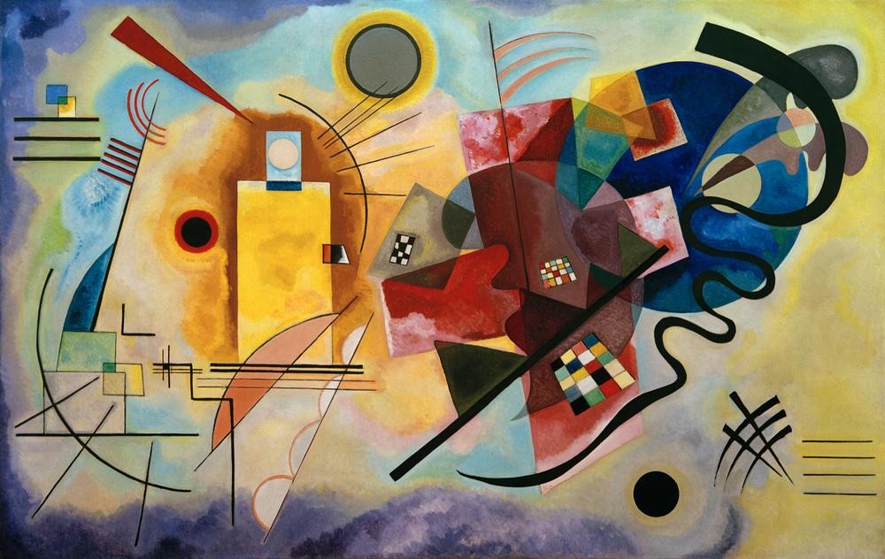 Wassily Kandinsky, Gelb – Rot – Blau (Bauhaus,Geometrie,Kunst,Mensch,Expressionismus,Geometrisch,Der Blaue Reiter,Abstrakte Kunst,Russische Kunst,Kreis,Profil,Abstraktion,Form,Farbigkeit,Farbe)