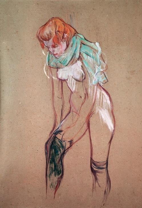 Henri de Toulouse-Lautrec, Femme tirant son bas (Frau,Jugendstil,Mode,Prostitution,Strumpf,Akt,Ankleiden,Schal,Prostituierte,Französische Kunst,Rote Haare,Kleidung (Allgemein),Fin De Siecle,Jahrhundertwende)