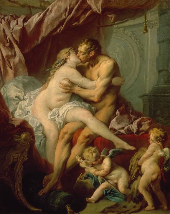 Francois Boucher, Herkules und Omphale (Erotik,  Liebespaar, Mythologie, Akt, Kuss, Amouretten, Antikenrezeption, Klassiker, Wunschgröße, Wohnzimmer, Schlafzimmer, Malerei, bunt)