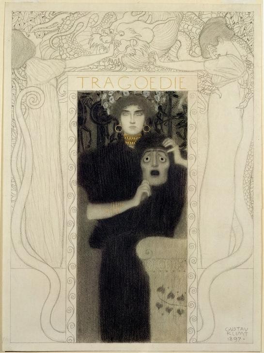 Gustav Klimt, Die Tragödie  (Theater, Theatermaske, Alegorie, Schauspielerin, Klassische Moderne, Jugendstil, Eros&People, Eleganz, Frau, 
Wohnzimmer, Treppenhaus, Schlafzimmer, Malerei)