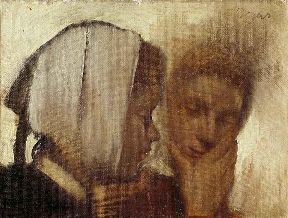 Edgar Degas, Blanchisseuses souffrant des dents (Beruf,Frau,Kunst,Mensch,Waschfrau,Impressionismus,Französische Kunst,Schmerz,Zahnschmerz,Doppelportrait,Zahn,Wäscherin)