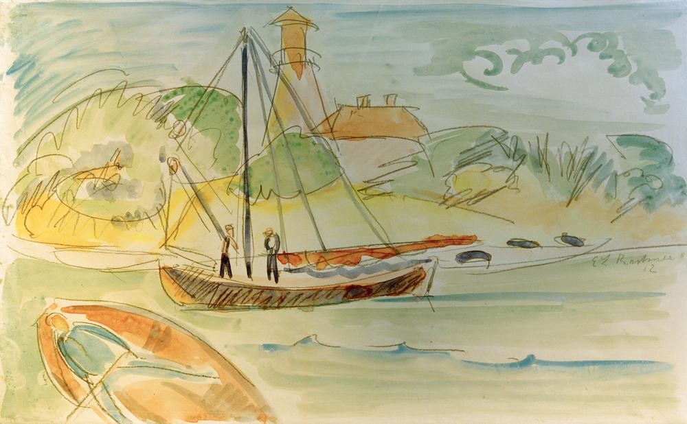 Ernst Ludwig Kirchner, Fehmarnküste mit Leuchtturm (Insel,Boot,Deutsche Kunst,Küste,Kunst,Landschaft,Leuchtturm,Schiff,Segelschiff,Meer,Segelboot,Expressionismus,Marinemalerei,Die Brücke,Signatur,Schifffahrt)