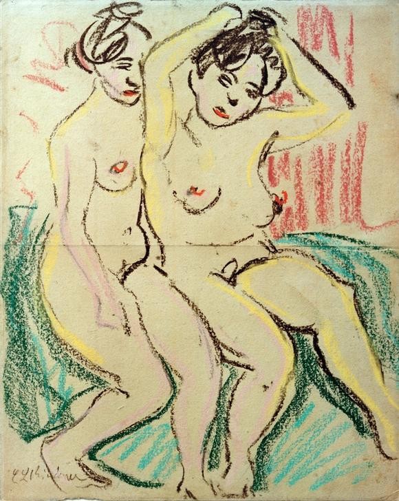 Ernst Ludwig Kirchner, Zwei sitzende Akte (Deutsche Kunst,Frau,Kunst,Akt,Expressionismus,Die Brücke,Haare (Haar),Sitzen,Frisieren,Signatur)