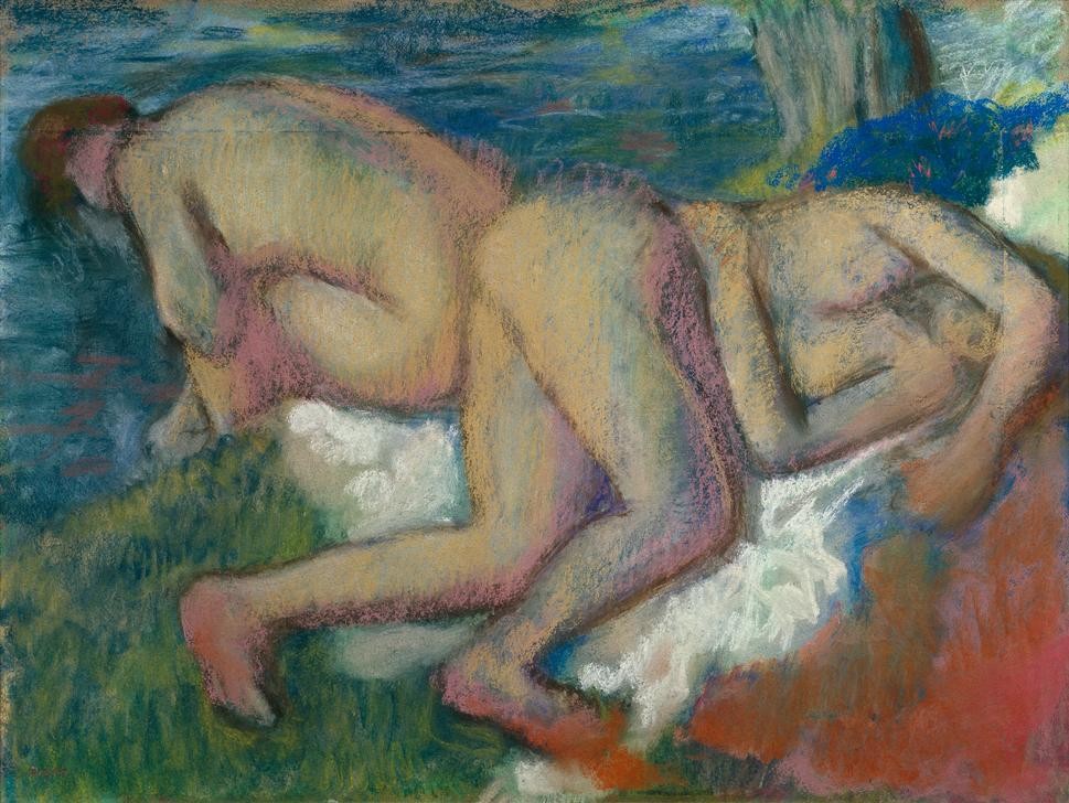 Edgar Degas, Deux femmes au bain (Körperpflege,Bad Im Freien,Bad,Frau,Kunst,Landschaft,Freizeit,Impressionismus,See,Fluss,Akt,Sonnenbad,Rückenakt,Französische Kunst,Im Freien (Allgemein),Nacktheit,Ufer,Alltagskultur,Sitzen,Jahrhundertwende,Liegen)