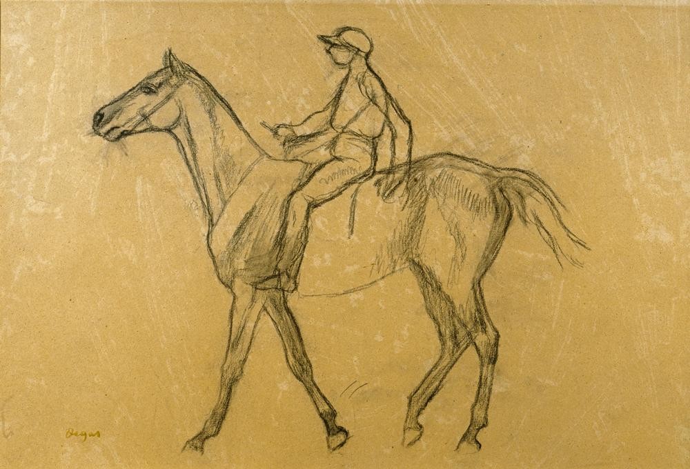 Edgar Degas, Jockey monté de profil (Kunst,Pferdesport,Pferd (Tier),Sport,Impressionismus,Reiter,Jockey,Französische Kunst,Pferderennen,Reiten,Privatsammlung)