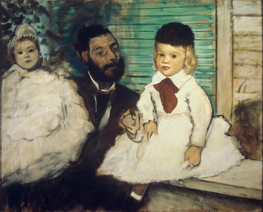 Edgar Degas, Le Vicomte Ludovic Lepic et ses filles (Familie,Graf,Kind,Künstlerleben,Künstler,Kunst,Mädchen,Maler (Künstler),Mann,Vater,Impressionismus,Kleinkind,Portrait,Tochter,Vater Und Tochter,Adel,Französische Kunst,Veranda,Person)