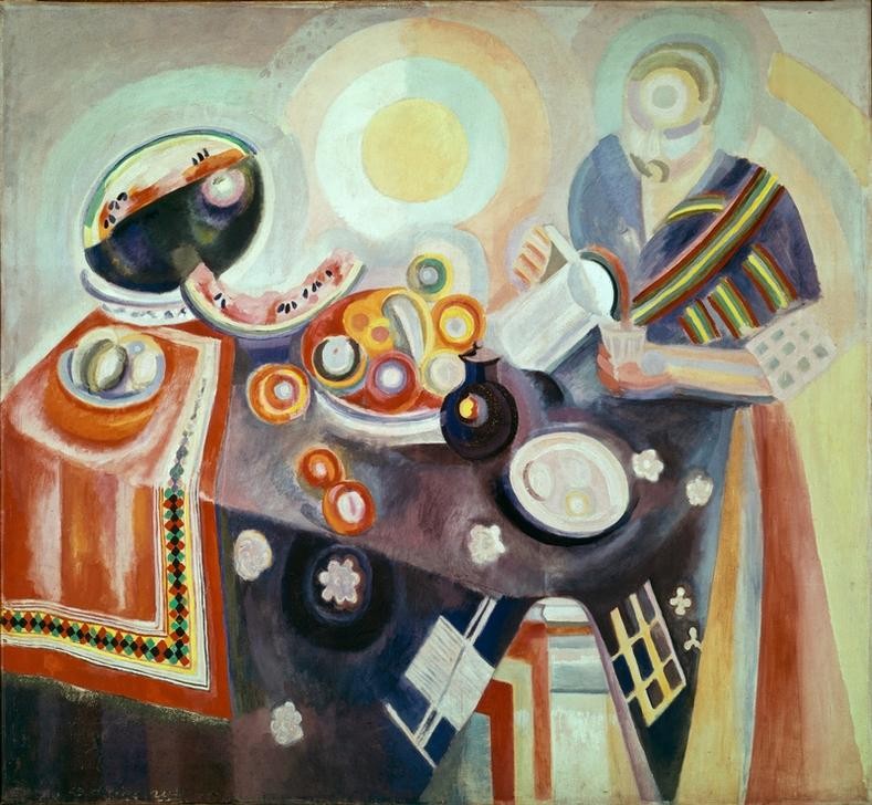 Robert Delaunay, Verseuse ou Nature morte portugaise (Frau,Kunst,Tafelsitten,Tisch,Stillleben,Französische Kunst,Einschenken,Kaffeekanne,Melone (Frucht))