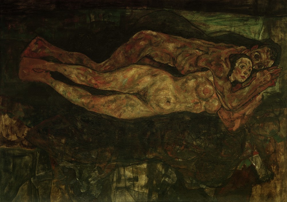 Egon Schiele, Liebespaar (Erotik,Kunst,Liebe,Liebe Und Ehe,Liebespaar,Mensch,Akt,Expressionismus,Umarmung,Österreichische Kunst,Nacktheit,Sexualität,Paar,Liegen,Privatsammlung)