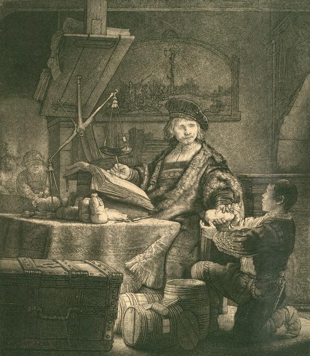 Rembrandt Harmenszoon van Rijn, Jan Uijtenbogaert, genannt der Goldwäger (Finanzwesen,Geschichte,Steuern,Waage (Gerät),Barock,Steuereinnehmer,Goldwäger,Niederländische Kunst,Geldverkehr)