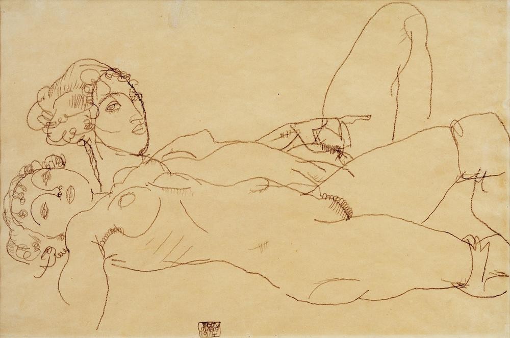 Egon Schiele, Zwei liegende Mädchenakte (liegende Frauen, Aktmalerei, Zeichnung, lasziv, Klassische Moderne, Expressionismus, Wohnzimmer, Wunschgröße, schwarz/weiß)