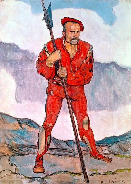 Ferdinand Hodler, Landsknecht in Rot (Herrenmode,Jugendstil,Länder,Landsknecht,Mann,Militär,Soldat,Waffe,Portrait,Hellebarde,Schweizerische Kunst,Ganzfigurig,Fusssoldat)