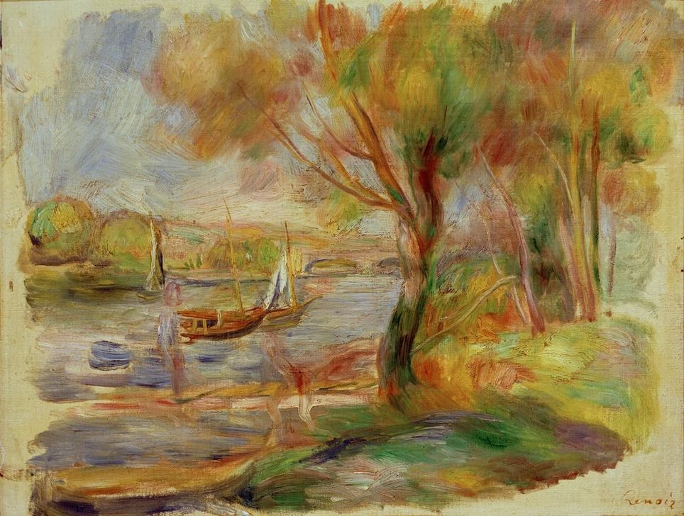 Pierre-Auguste Renoir, La Seine à Argenteuil (Brücke,Kunst,Landschaft,Maler (Künstler),Impressionismus,Fluss,Französische Kunst,Binnenschiffahrt,Flusschiffahrt,Schifffahrt)