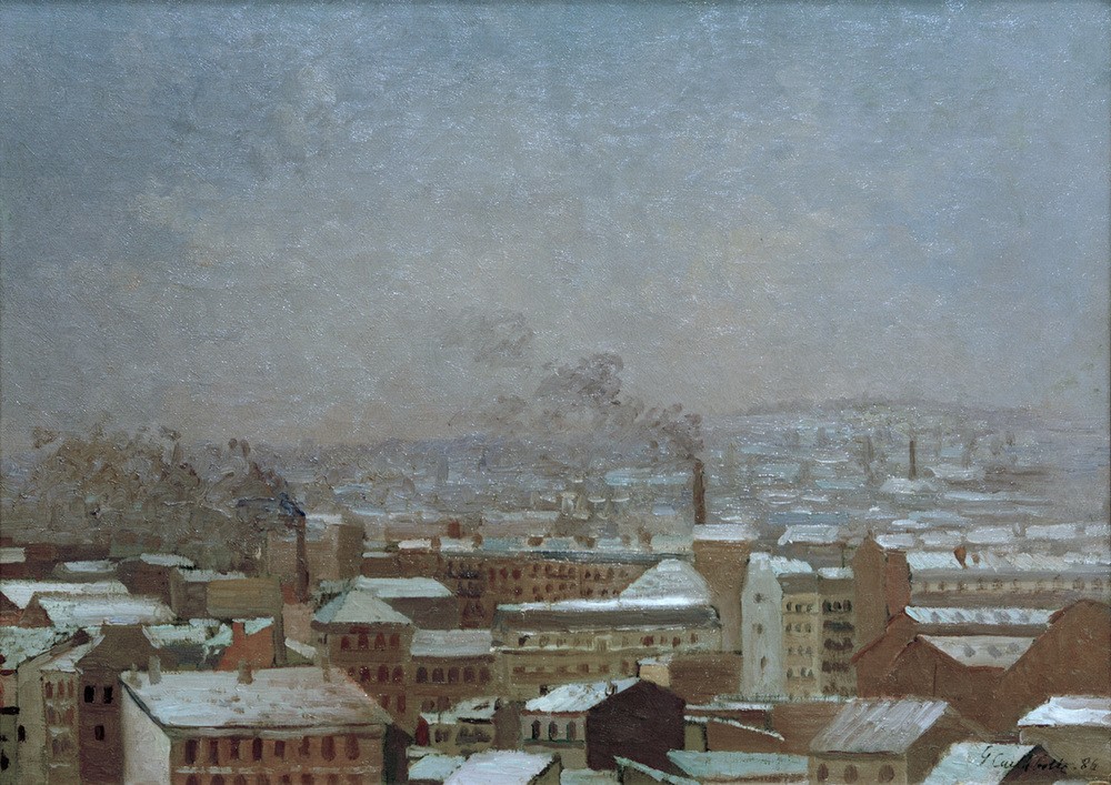 Gustave Caillebotte, Paris sous la neige (Geographie,Jahreszeiten,Teilansicht,Winter,Urbanistik,Schornstein,Impressionismus,Schnee,Grossstadt,Stadtansicht,Architekturdarstellung,Französische Kunst,Rauch,Dachlandschaft,Emission,Topographie)