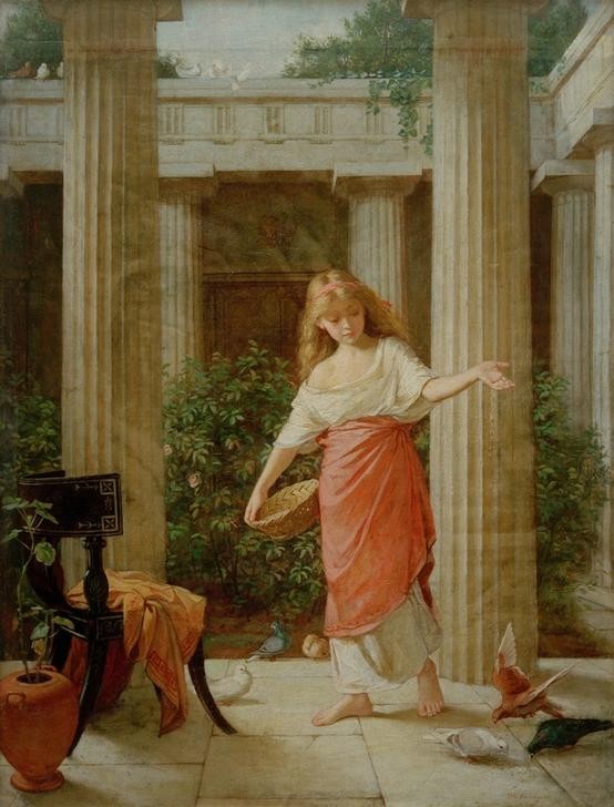 John William Waterhouse, In the Peristyle (Geschichte,Kind,Kunst,Mädchen,Taube,Vogel,Präraffaeliten,Englische Kunst,Fütterung,Historienmalerei,Viktorianische Kunst,Alltagskultur,Römisches Reich,Peristyl,Innenhof,Alltag)