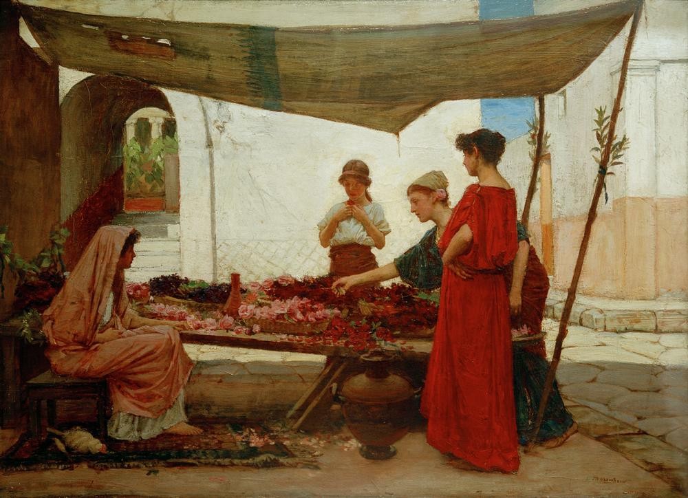 John William Waterhouse, A Flower Stall (Frau,Geschichte,Handel, Strassenhandel, Strassenszene, Handel, Präraffaeliten,   Blumenverkäuferin, Historienmalerei, Frauenleben,  Blumenmarkt, Verkaufsstand, Klassiker, Wunschgröße)