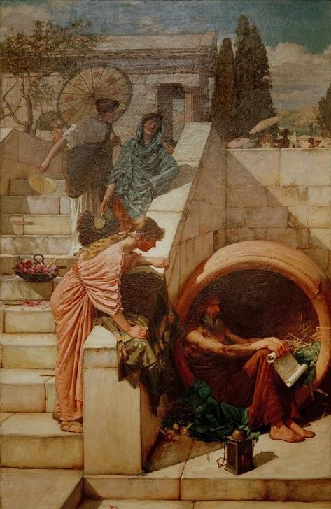 John William Waterhouse, Diogenes (Frauen, Geschichte,  Laterne, Philosoph, Szene, Philosophie, Fass, Präraffaeliten, Neugier, Sonnenschirm, Klassiker, Wunschgröße)