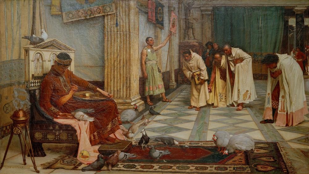 John William Waterhouse, The Favourites of the Emperor Honorius (Geschichte, Günstling, Kaiser, Palast, Szene,  Portrait, Präraffaeliten, Tierliebe, Thron,  Fütterung, Untertan, Wache, Demut, Räuchergefäss, Klassiker, Wunschgröße)