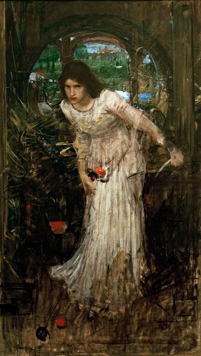 John William Waterhouse, The Lady of Shalott (Ausbruch, Emanzipation, Frau, Handarbeit, Sehnsucht (Gefühl), Spiegel, Tod, Präraffaeliten, Fluch, Gedicht, Sterben, Isolation, Klassiker, Wunschgröße)