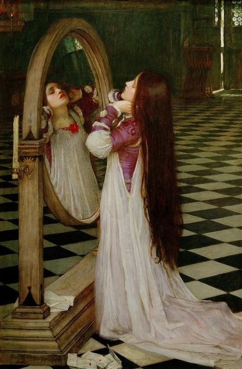 John William Waterhouse, Mariana in the South (Brief, Frau,  Literatur, Spiegel, Schönheit, Verbannung, Vanitas,Präraffaeliten,Liebesbrief,Interieur, Gedicht, Kleid, Haare (Haar),Langes Haar, Schwarze Haare, Klassiker, Wunschgröße)
