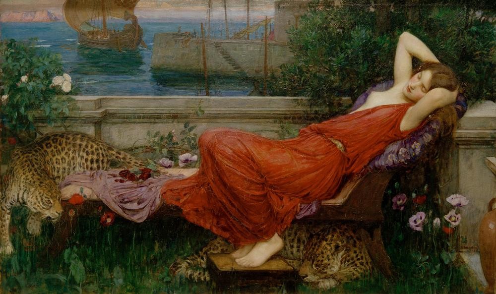 John William Waterhouse, Ariadne (Frau,Küste,Kunst,Leopard,Mythologie,Schönheit,Meer,Präraffaeliten,Englische Kunst,Brust,Viktorianische Kunst,Verlassene Geliebte,Jahrhundertwende,Junge Frau,Privatsammlung,Verlassenheit,Schlafen (Schlaf),Griechisch-Römische Mythologie,Schlafen, Klassiker,)