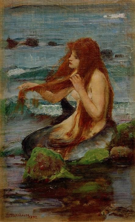 John William Waterhouse, A Mermaid (Küste, Mythologie, Meer, Nixe, Präraffaeliten,  Meerjungfrau,  Haare, Langes Haar,  Haarekämmen, Klassiker, Wunschgröße)