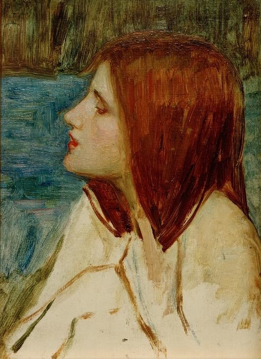 John William Waterhouse, Head of a Girl (Frau,Kunst,Mädchen,Mensch,Portrait,Präraffaeliten,Englische Kunst,Viktorianische Kunst,Haare (Haar),Profil, Klassiker, Wunschgröße)