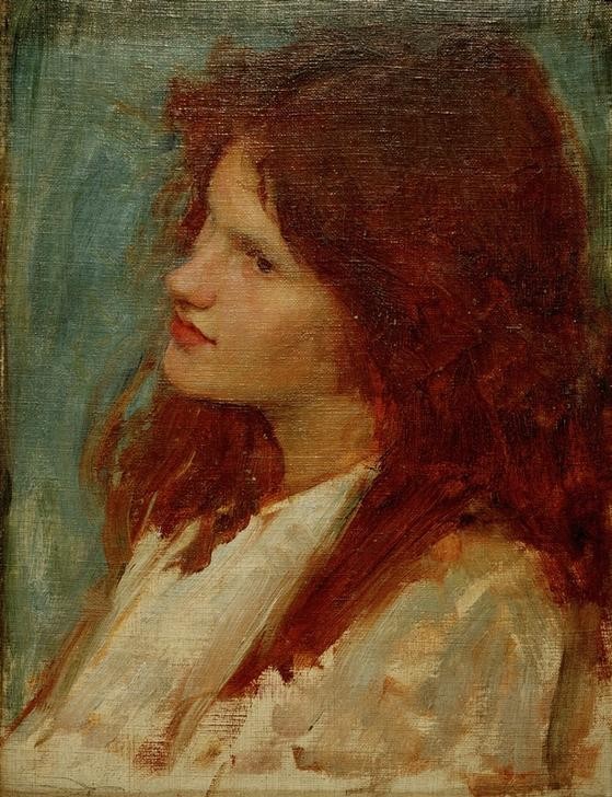 John William Waterhouse, Head of a Girl (Frau, Mädchen,  Portrait, Präraffaeliten, Rote Haare,   Junge Frau,Halbprofil, Klassiker, Wunschgröße)