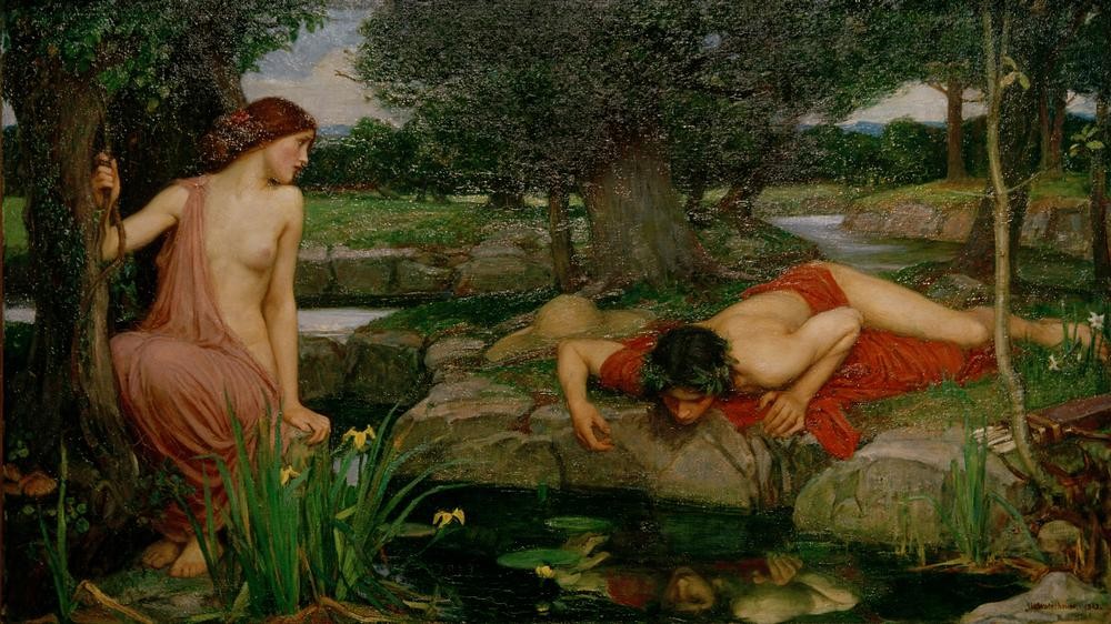 John William Waterhouse, Echo and Narcissus (Kunst,Liebespaar,Mythologie,Nymphe,Metamorphose,Spiegelung,Präraffaeliten,Englische Kunst,Eitelkeit,Spiegelbild,Halbakt,Viktorianische Kunst,Jahrhundertwende,Griechisch-Römische Mythologie)