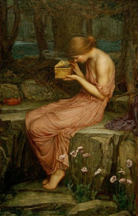 John William Waterhouse, Psyche Opening the Golden Box (Psyche, Frau, Schönheit, Kästchen, Neugier, Gift, Landschaft, Mythologie,  Präraffaeliten, Viktorianische Kunst, Klassiker, Malerei, Wohnzimmer, Wunschgröße)