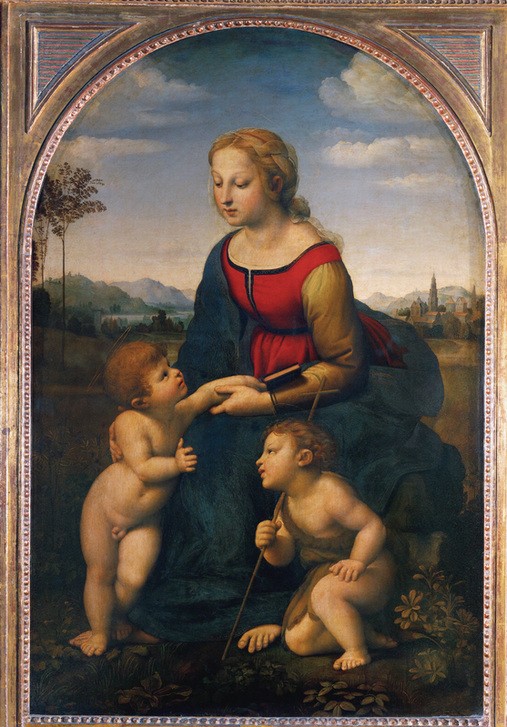 Raffael, La belle Jardiniere (Renaissance,  Madonna, Kinder, Jesus, Johannes, Garten, Landschaft, Religion, Christentum, Klassiker, Schlafzimmer, Wohnzimmer, Malerei, Wunschgröße, bunt)