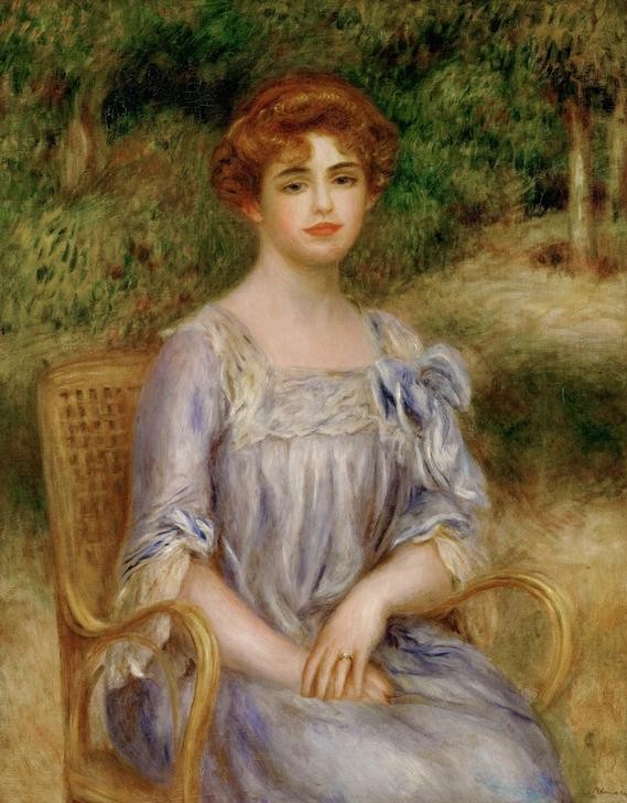 Pierre-Auguste Renoir, Madame Bernheim de Villers (Damenmode,Frau,Jugend (Lebensalter),Mädchen,Menschen Im Park,Mode,Möbel,Park,Schmuck,Sitzmöbel,Schönheit,Impressionismus,Hand,Portrait,Künstlerfrau,Bürgertum,Französische Kunst,Lächeln,Kleid,Korbstuhl,Fingerring,Kleidung (Allgemein),Sessel,Stuhl,Schleife,)