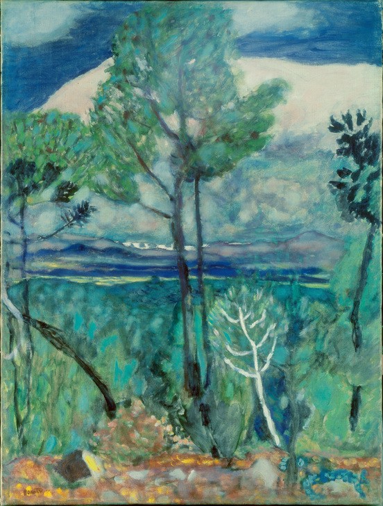 Pierre Bonnard, Landschaft (Malerei, Impressionismus, Landschaft, Bäume, Natur,  Himmel, Arztpraxis, Wohnzimmer, Klassische Moderne, Wunschgröße, blau/türkis)