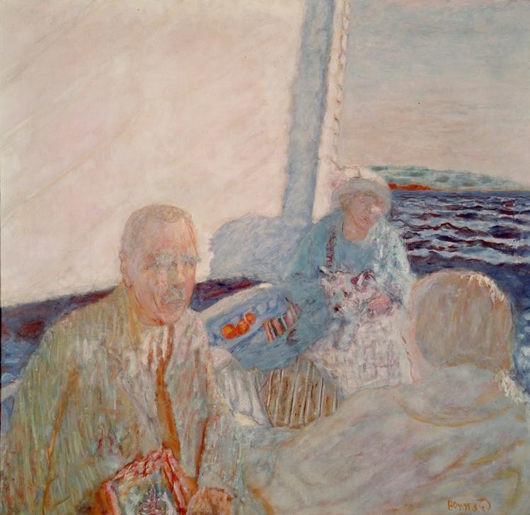 Pierre Bonnard, Im Segelboot (Bootspartie,Gruppenbild,Jahreszeiten,Freizeit,Segeln,Sommer,Impressionismus,Segelboot,Reise,Französische Kunst,Tier,Jahrhundertwende,Entspannung,Segel,Schifffahrt)