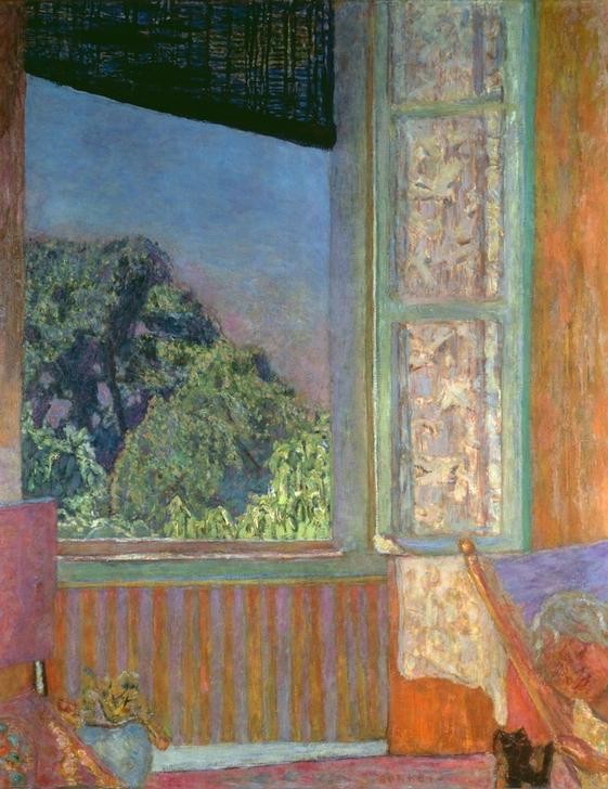 Pierre Bonnard, Das offene Fenster (Fenster,Himmel (Natur),Landschaft,Wohnung,Impressionismus,Blick Aus Dem Fenster,Französische Kunst,Harmonie,Blau,Fenster (Geöffnet))