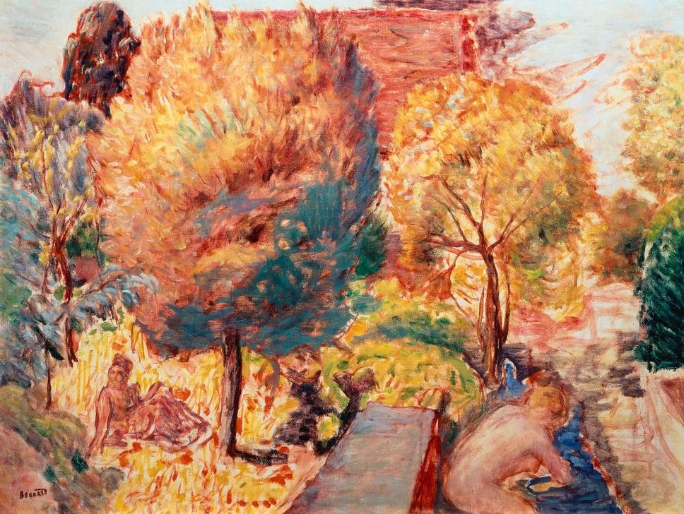 Pierre Bonnard, Landschaft mit Badenden (Malerei, Impressionismus, Landschaft, Bäume, Badende Frauen, Wunschgröße, Treppenhaus, Wohnzimmer, Klassische Moderne, bunt)