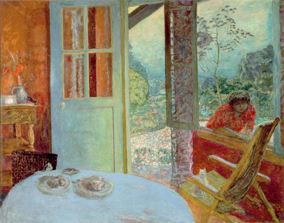 Pierre Bonnard, Das Eßzimmer auf dem Lande (Fenster,Landhaus,Landschaft,Tür,Wohnung,Impressionismus,Tisch,Gartenmöbel,Speisezimmer,Blick Aus Dem Fenster,Französische Kunst,Liegestuhl,Harmonie,Landleben,Innenansicht,Runder Tisch (Möbel),Tür (Offen),Terrassentür,Ausblick)