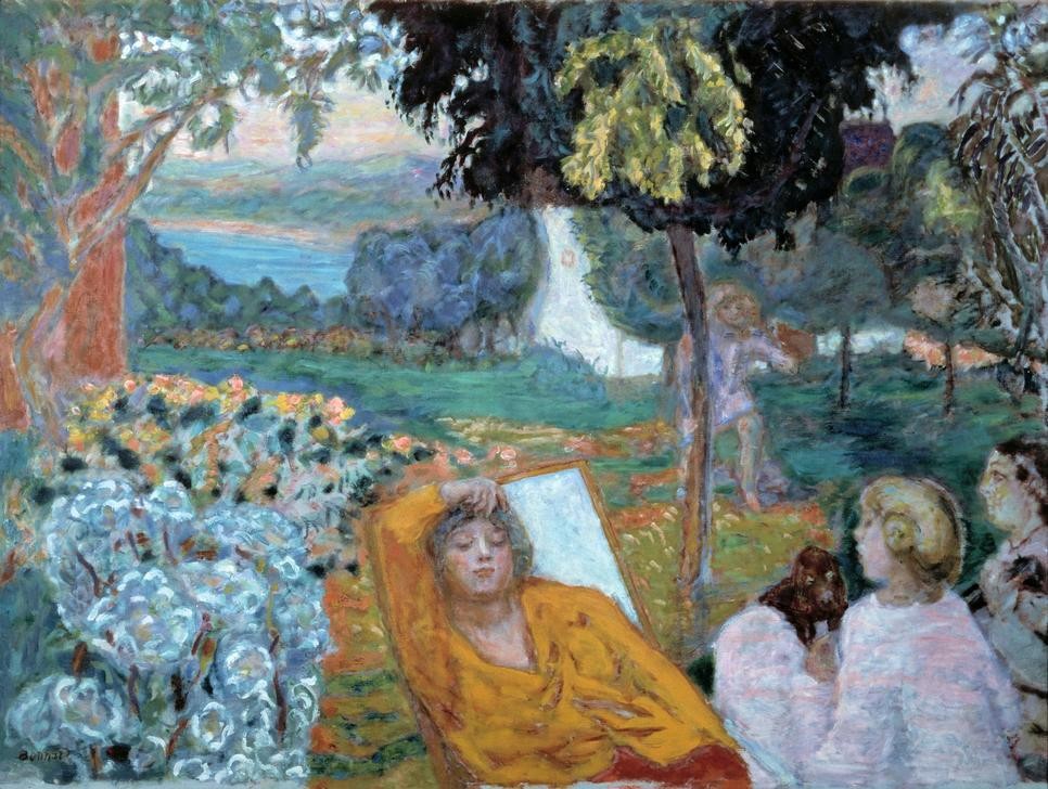 Pierre Bonnard, Abend oder Siesta in einem Garten im Süden (Landschaft,Freizeit,Tageszeiten,Abend,Impressionismus,Sommerurlaub,Reise,Mittagsschlaf,Französische Kunst,Liegestuhl,Harmonie,Menschen Im Garten,Ausruhen,Schlafen (Schlaf),Garten)