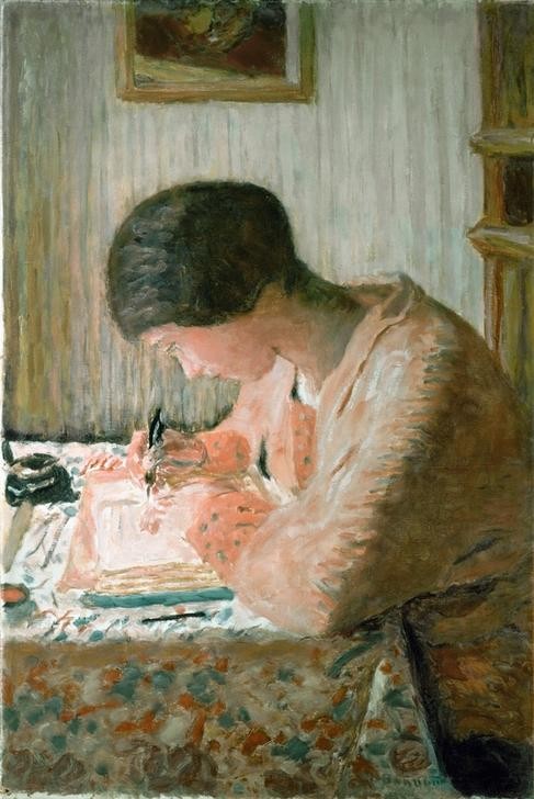 Pierre Bonnard, Schreibende Frau (Frau,Schreiben Und Schrift,Impressionismus,Tisch,Portrait,Tischtuch,Französische Kunst,Schreiben,Profil,Junge Frau,Konzentration,Gemustert)