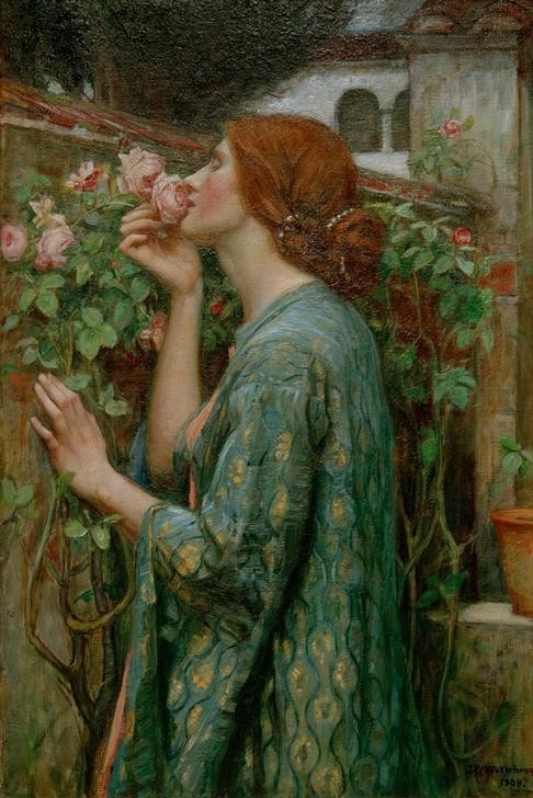 John William Waterhouse, The Soul of the Rose (Frau,Garten Und Park,Kunst,Mauer (Architektur),Mensch,Rose,Perle,Portrait,Präraffaeliten,Fünf Sinne,Englische Kunst,Riechen,Kleid,Haarschmuck,Rote Haare,Viktorianische Kunst,Geruch,Duft,Jahrhundertwende,Kletterrose,Garten)