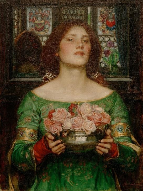 John William Waterhouse, Gather Ye Rosebuds While Ye May (Fenster,Frau,Kunst,Mensch,Rose,Perle,Portrait,Vanitas,Präraffaeliten,Englische Kunst,Haarschmuck,Viktorianische Kunst,Butzenscheiben,Blume,Duft,Jahrhundertwende,Pflücken,Blumenschale,Wappen)