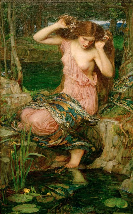 John William Waterhouse, Lamia (Frau,Kunst,Landschaft,Mythologie,Schönheit,See,Femme Fatale,Grausamkeit,Spiegelung,Vanitas,Präraffaeliten,Seerose,Englische Kunst,Eitelkeit,Spiegelbild,Brust,Narzisse,Rote Haare,Viktorianische Kunst,Haare (Haar),Langes Haar,Jahrhundertwende,Junge Frau,Bra)