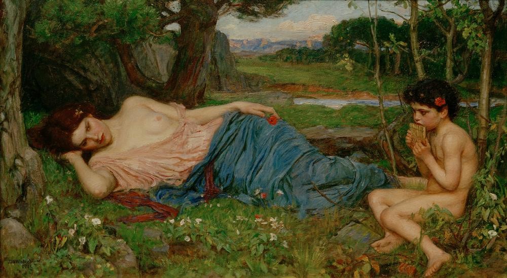 John William Waterhouse, Listen to my Sweet Pipings (Frau,Kind,Kunst,Landschaft,Musik,Mythologie,Nymphe,Portrait,Satyr,Pastorale,Präraffaeliten,Englische Kunst,Panflöte,Knabe,Brust,Viktorianische Kunst,Liegen,Griechisch-Römische Mythologie)