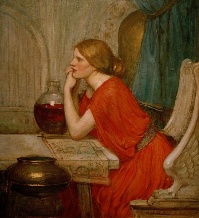 John William Waterhouse, Circe (Eifersucht,Hexe,Kunst,Mythologie,Femme Fatale,Nachdenken,Zaubertrank,Präraffaeliten,Englische Kunst,Kleid,Gefäss,Schriftrolle,Viktorianische Kunst,Zauberin,Rot,Privatsammlung,Kopf Stützen,Griechisch-Römische Mythologie,Zauberei,Magie Und Zauberei)