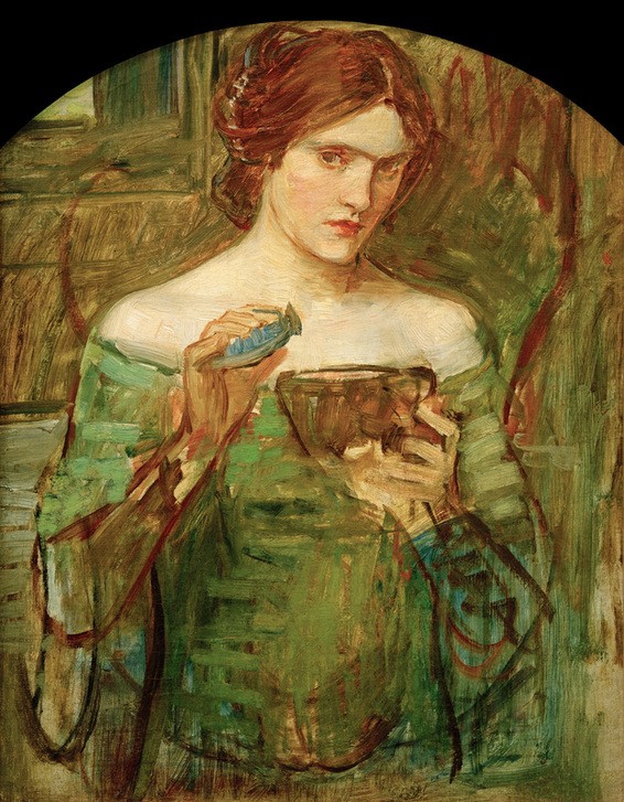 John William Waterhouse, The Love Philtre (Frau,Giftmischerin,Hexe,Kunst,Mensch,Femme Fatale,Portrait,Zaubertrank,Gift,Präraffaeliten,Englische Kunst,Gefäss,Viktorianische Kunst,Zauberin,Blick (Allgemein),Zauberei,Magie Und Zauberei)
